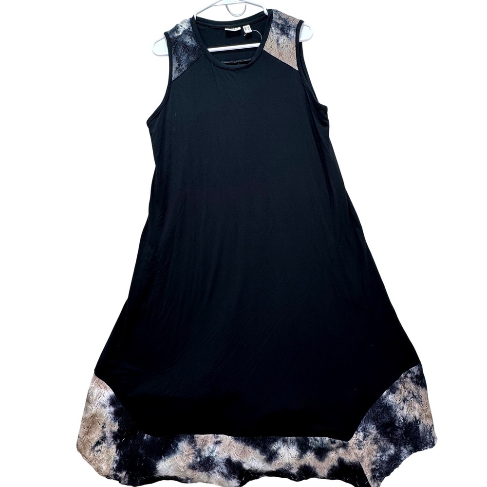 LOGO Lori Goldstein Dress Womens L Black Lace Trim Sharkbite Pockets Tie Dye